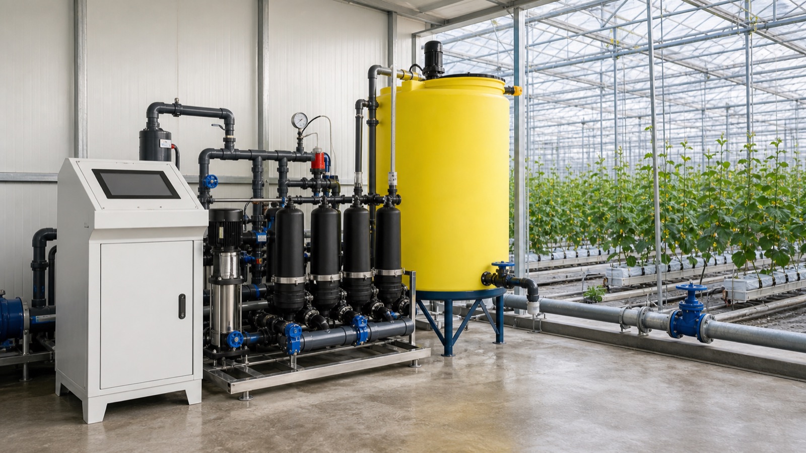 Fertigation mixing and control equipment beside greenhouse crop rows