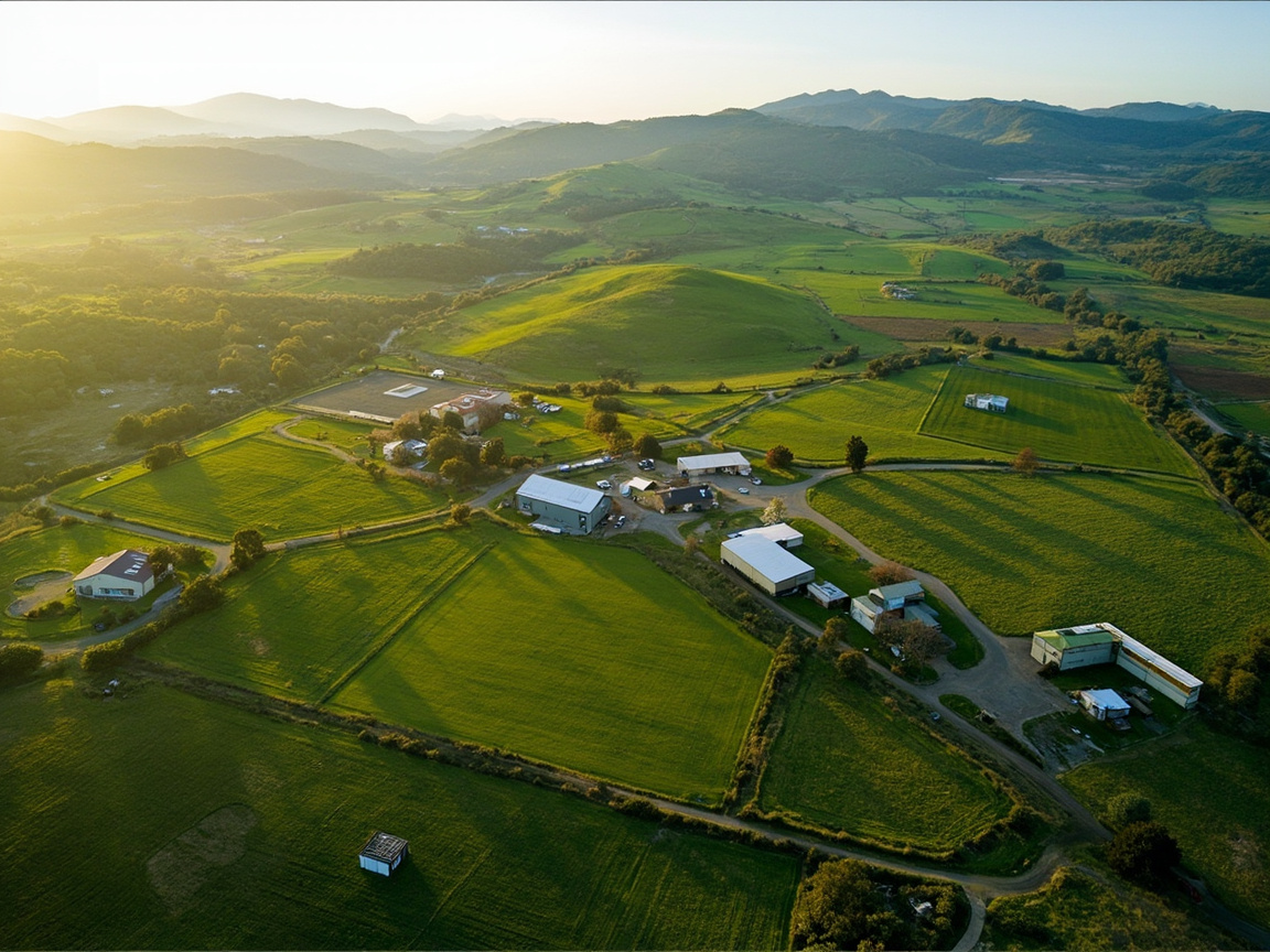 Aerial view of an organised New Zealand farm showing paddock management and rural infrastructure